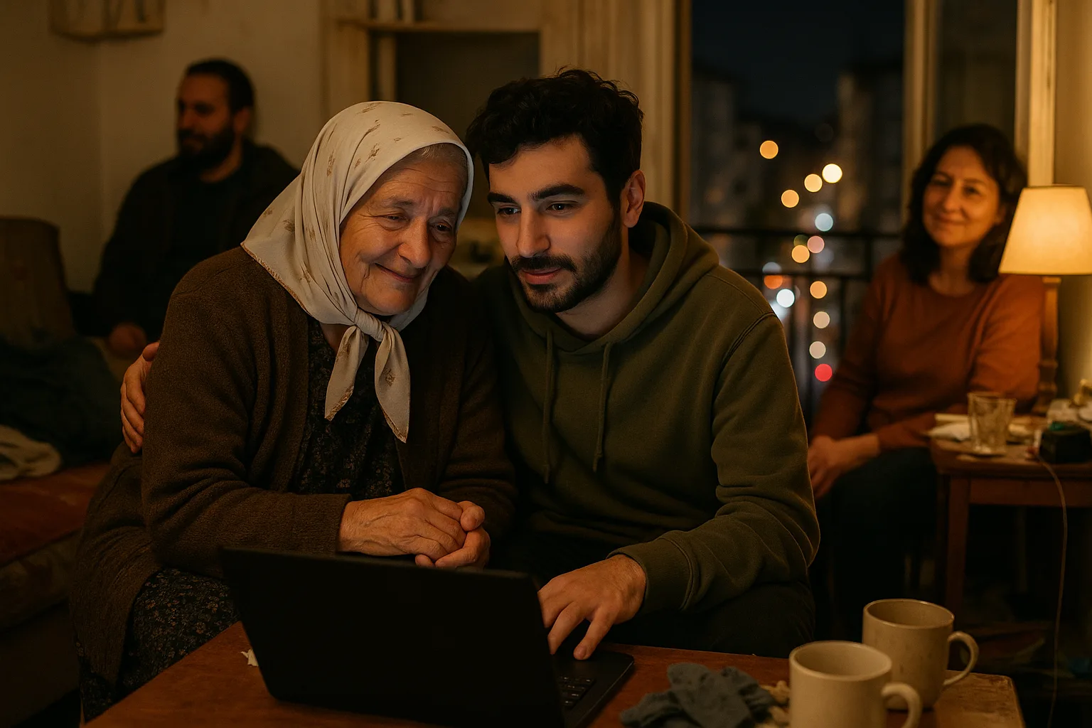 An older woman in her seventies and a grown grandchild in balcony over a busy street