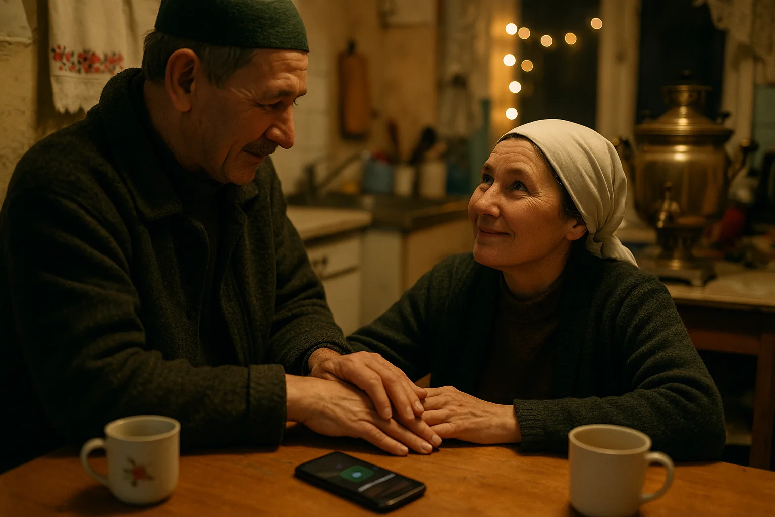 Two people who clearly know each other well in Tatar family kitchen with an embroidered towel on the wall and a samovar