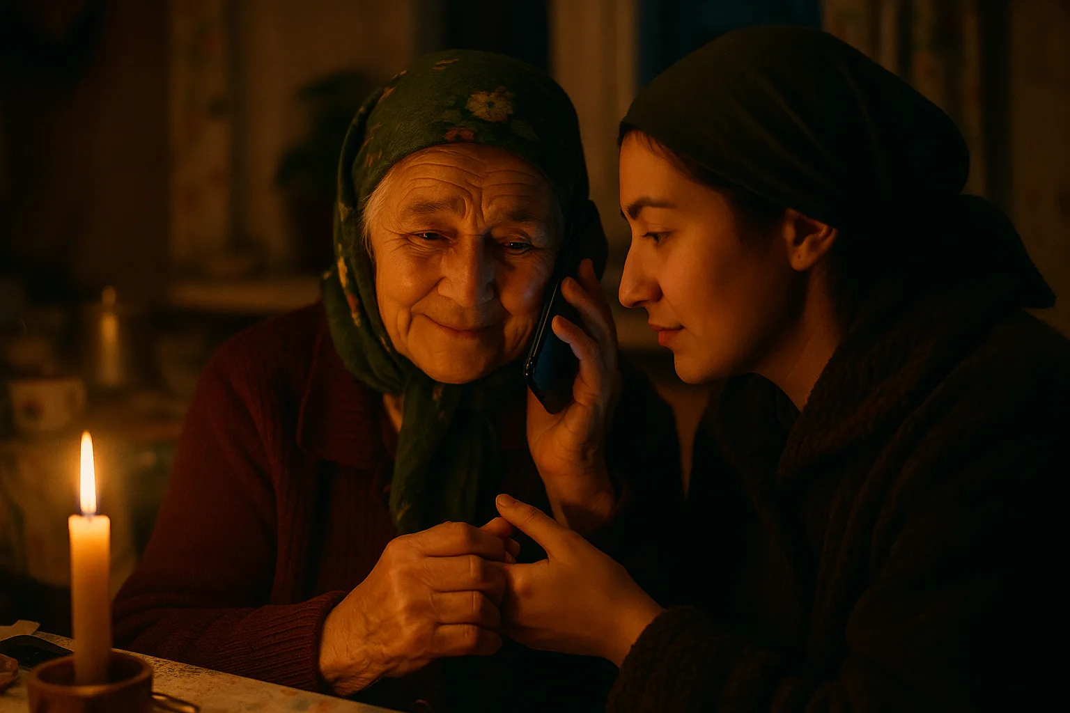 An older woman in her seventies and a grown grandchild in village street in late autumn