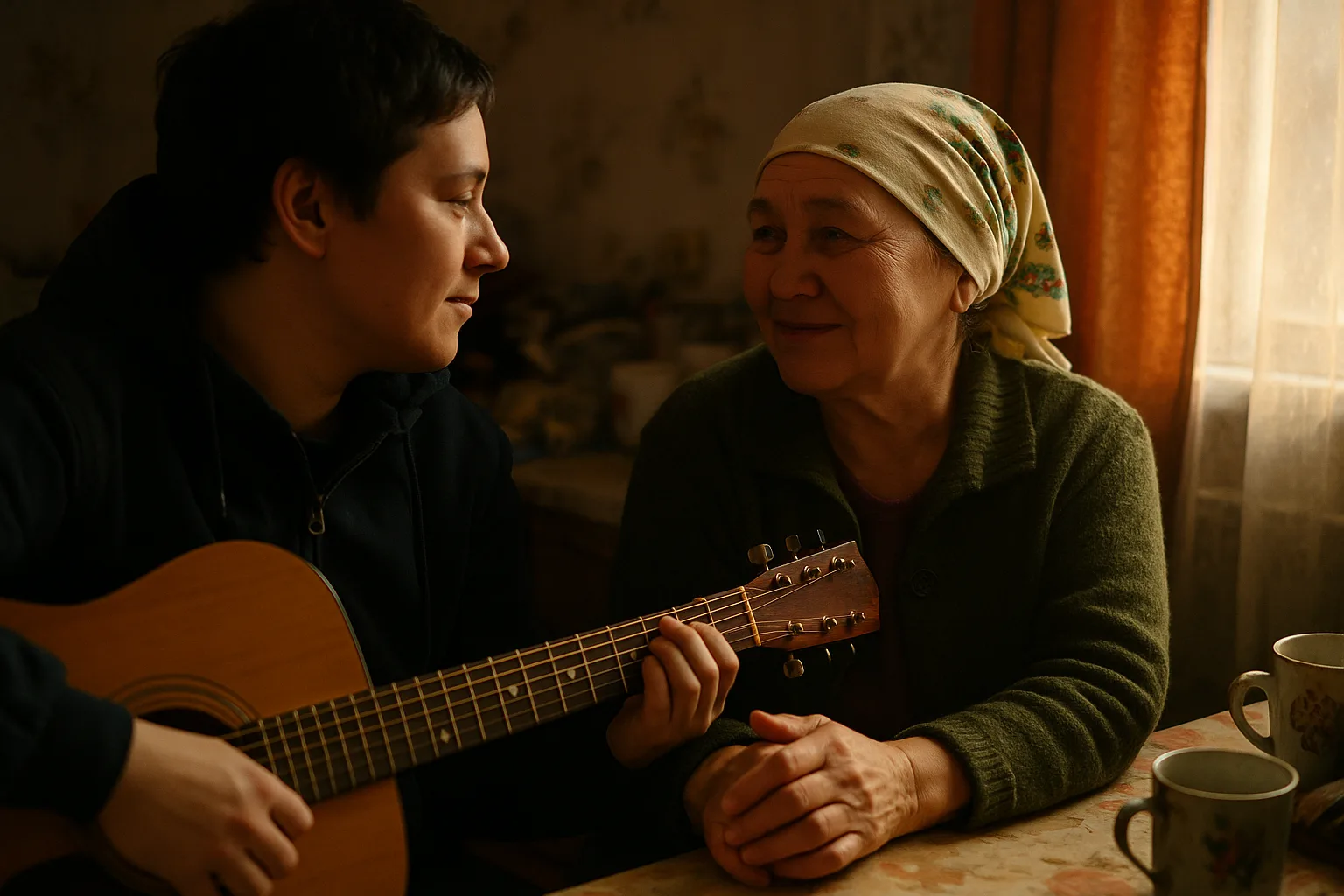 A mother in her fifties and her adult child in village street in late autumn