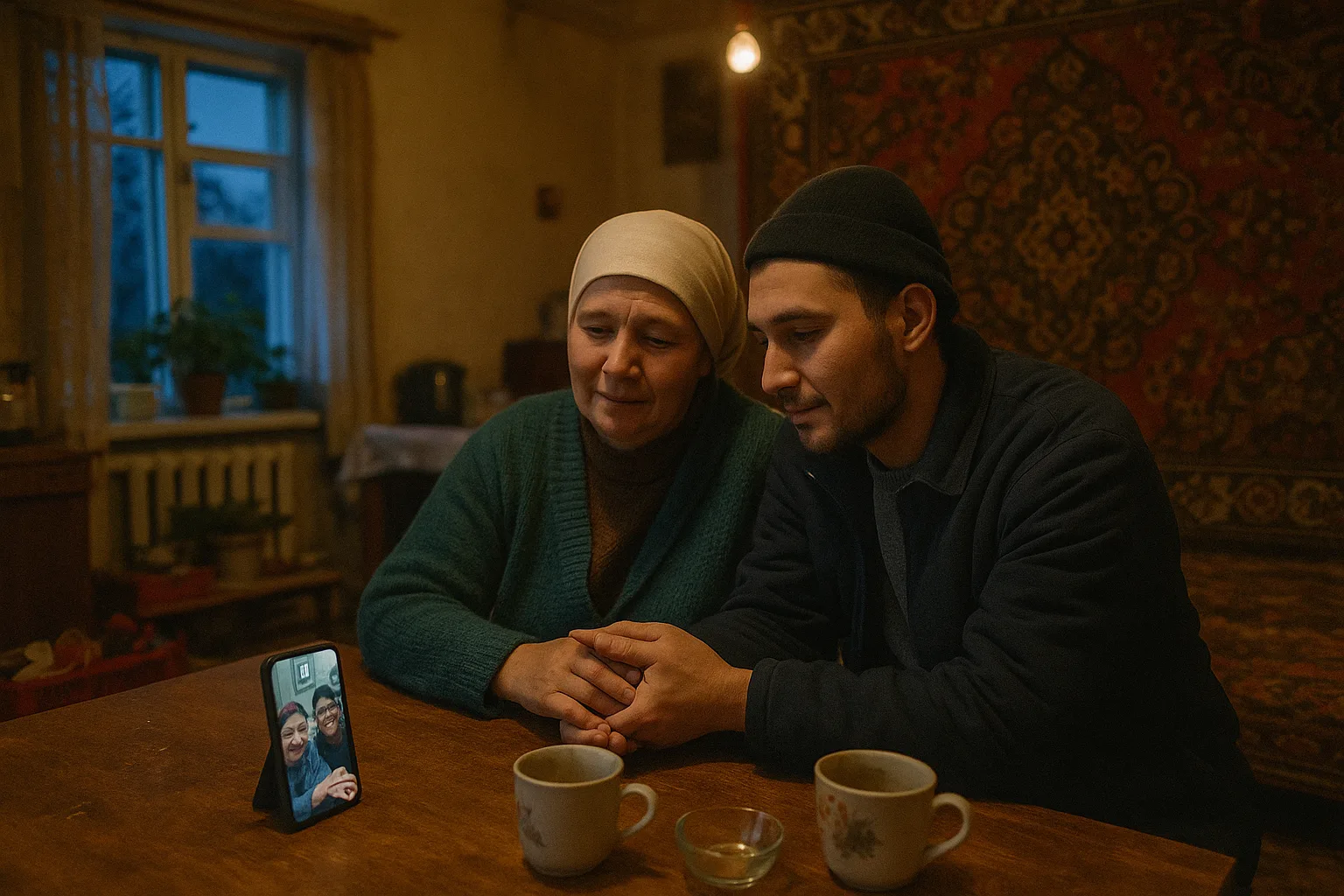 A mother in her fifties and her adult child in village house room with a patterned rug