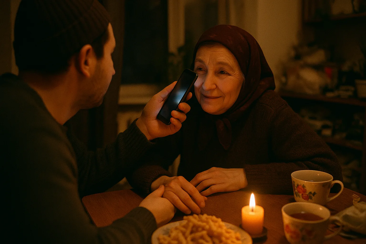 An adult in their thirties and their mother-in-law in her sixties, at ease with each other in city flat with tea and chak-chak on the table