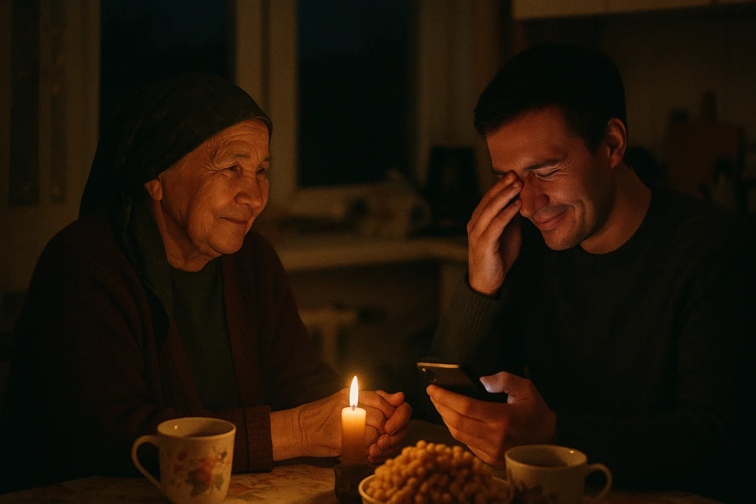 An older woman in her seventies and a grown grandchild in city flat with tea and chak-chak on the table