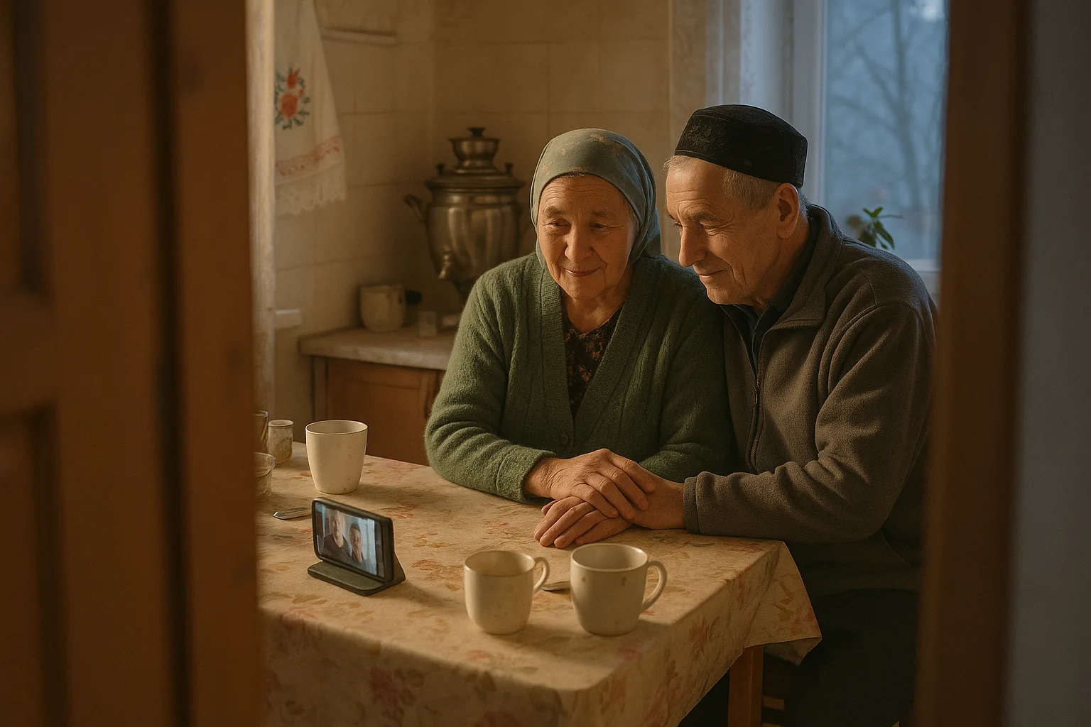 Two people who clearly know each other well in Tatar family kitchen with an embroidered towel on the wall and a samovar