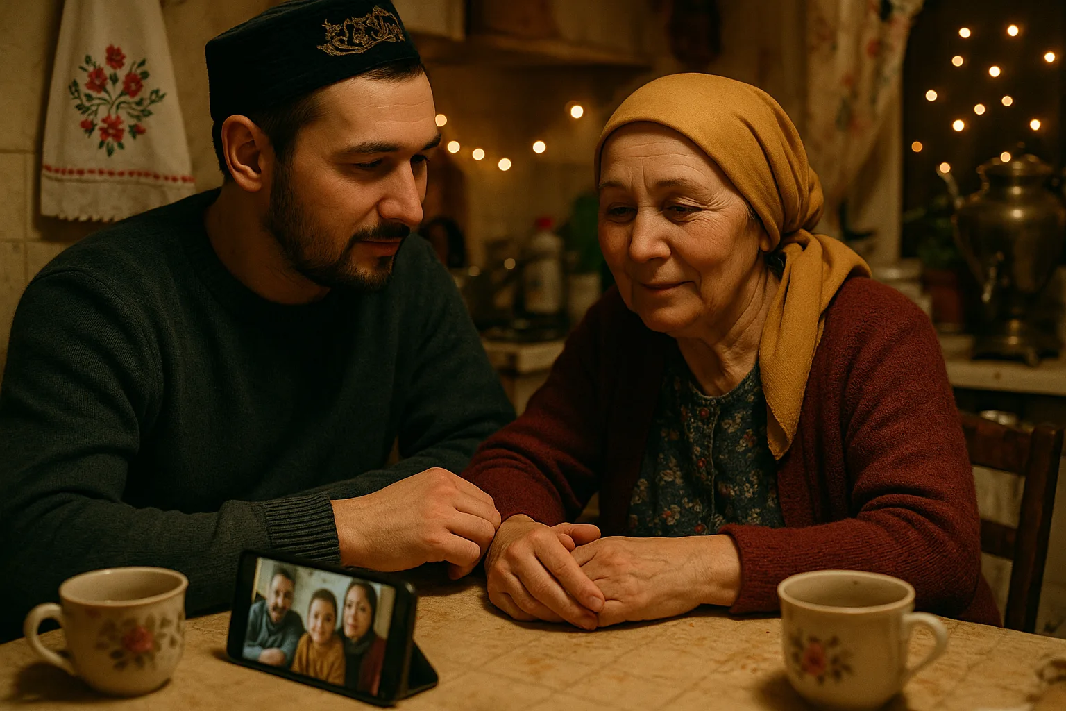 An adult in their thirties and their mother-in-law in her sixties, at ease with each other in Tatar family kitchen with an embroidered towel on the wall and a s
